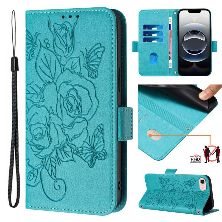 Embossed Rose RFID Anti-theft Leather Phone Case, For iPhone 17 Pro Max, For iPhone 17 Pro, For iPhone 17, For iPhone Air, For iPhone SE 2024, For iPhone 16 Pro Max, For iPhone 16 Pro, For iPhone 16 Plus