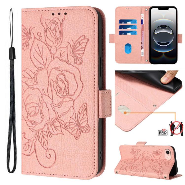 Embossed Rose RFID Anti-theft Leather Phone Case, For iPhone 17 Pro Max, For iPhone 17 Pro, For iPhone 17, For iPhone Air, For iPhone SE 2024, For iPhone 16 Pro Max, For iPhone 16 Pro, For iPhone 16 Plus