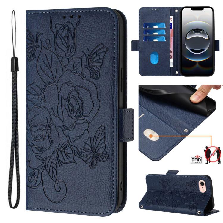 Embossed Rose RFID Anti-theft Leather Phone Case, For iPhone 17 Pro Max, For iPhone 17 Pro, For iPhone 17, For iPhone Air, For iPhone SE 2024, For iPhone 16 Pro Max, For iPhone 16 Pro, For iPhone 16 Plus