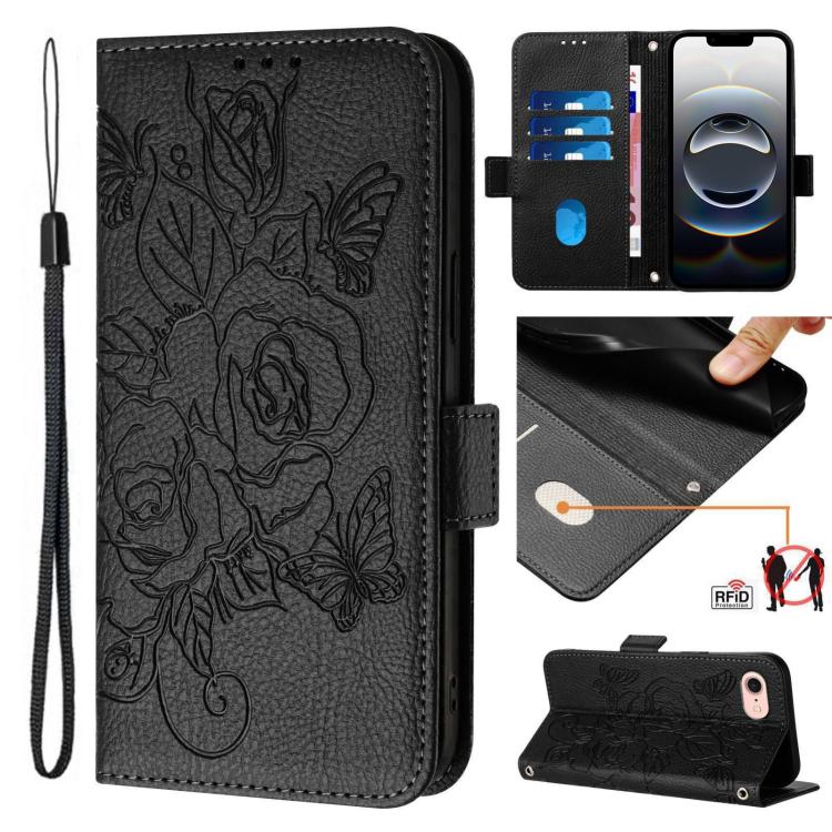 Embossed Rose RFID Anti-theft Leather Phone Case, For iPhone 17 Pro Max, For iPhone 17 Pro, For iPhone 17, For iPhone Air, For iPhone SE 2024, For iPhone 16 Pro Max, For iPhone 16 Pro, For iPhone 16 Plus