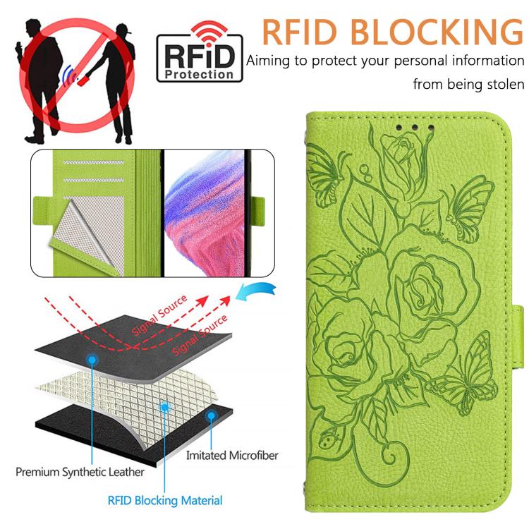 Embossed Rose RFID Anti-theft Leather Phone Case, For iPhone 17 Pro Max, For iPhone 17 Pro, For iPhone 17, For iPhone Air, For iPhone SE 2024, For iPhone 16 Pro Max, For iPhone 16 Pro, For iPhone 16 Plus