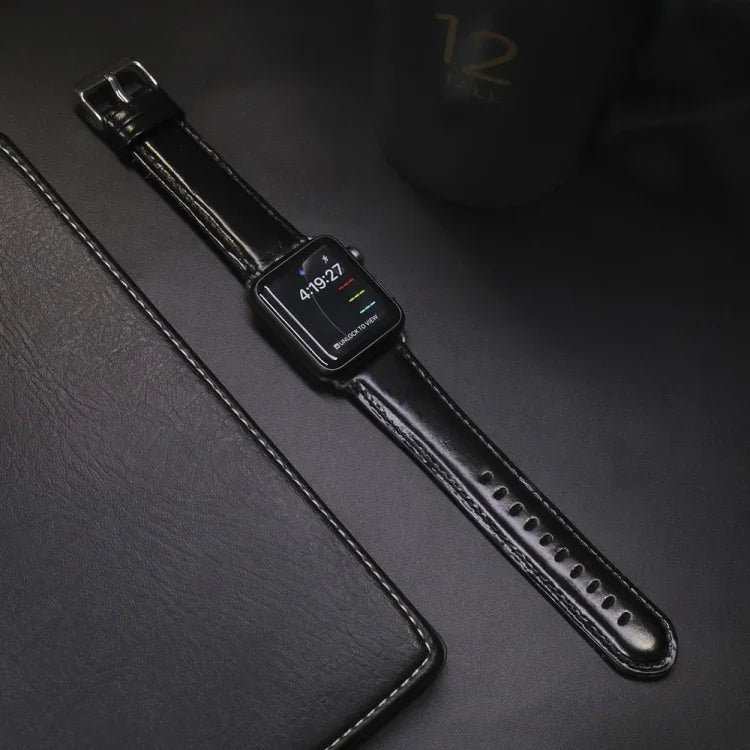 Round Tail Retro Crazy Horse Texture Genuine Leather Replacement Strap Watchband, For Apple Watch 5 & 4 44mm / 3 & 2 & 1 42mm, For Apple Watch Series 7 41mm / 6 & SE & 5 & 4 40mm / 3 & 2 & 1 38mm