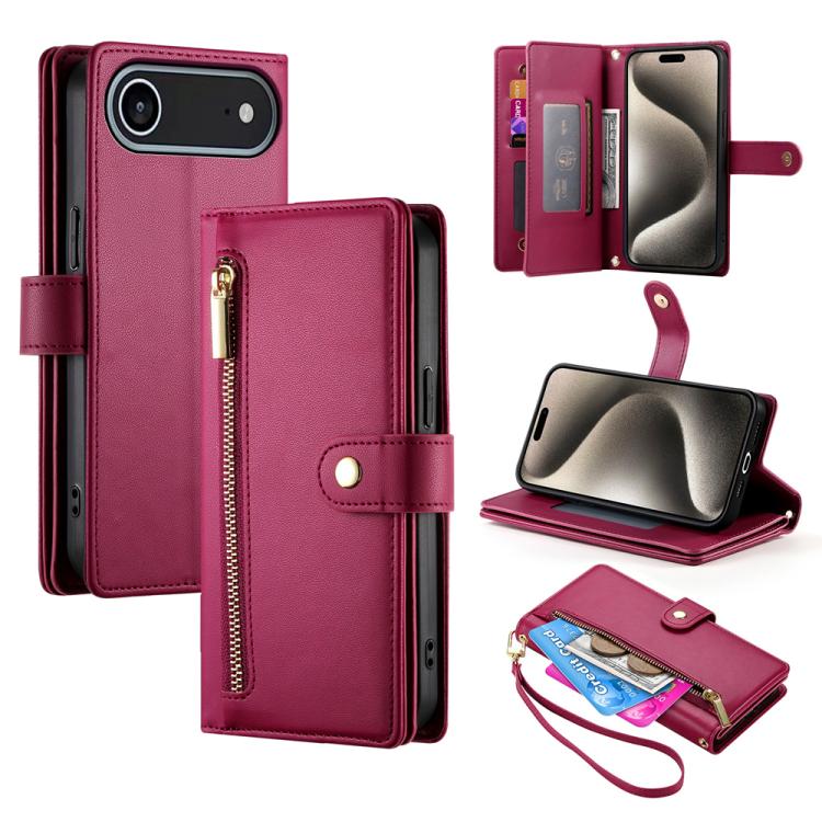 Nine Card-slot Zipper Wallet Bag Leather Phone Case, For iPhone 17 Pro Max, For iPhone 17 Pro, For iPhone 17, For iPhone Air, For iPhone 16e, For iPhone 16 Pro Max, For iPhone 16 Pro, For iPhone 16 Plus