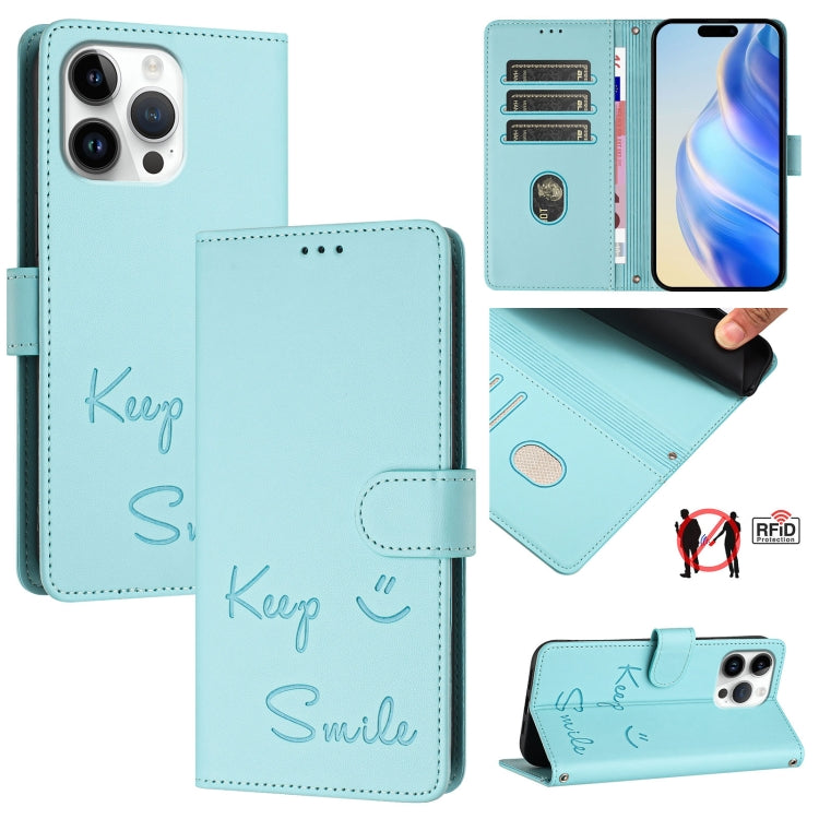 Smile Embossing RFID Leather Phone Case, For iPhone 17 Pro Max, For iPhone 17 Pro, For iPhone 17, For iPhone Air, For iPhone SE 2024, For iPhone 16 Pro Max, For iPhone 16 Pro, For iPhone 16 Plus