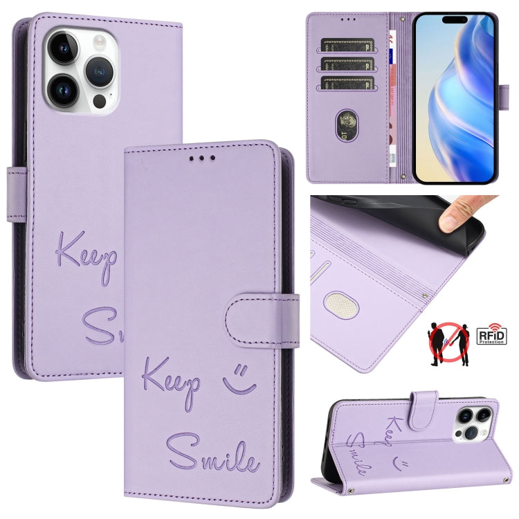 Smile Embossing RFID Leather Phone Case, For iPhone 17 Pro Max, For iPhone 17 Pro, For iPhone 17, For iPhone Air, For iPhone SE 2024, For iPhone 16 Pro Max, For iPhone 16 Pro, For iPhone 16 Plus