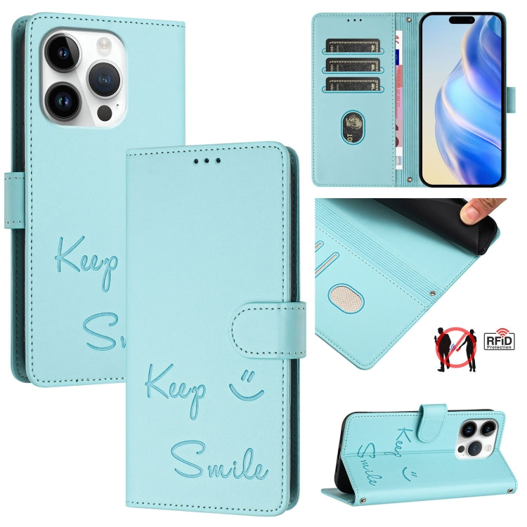 Smile Embossing RFID Leather Phone Case, For iPhone 17 Pro Max, For iPhone 17 Pro, For iPhone 17, For iPhone Air, For iPhone SE 2024, For iPhone 16 Pro Max, For iPhone 16 Pro, For iPhone 16 Plus