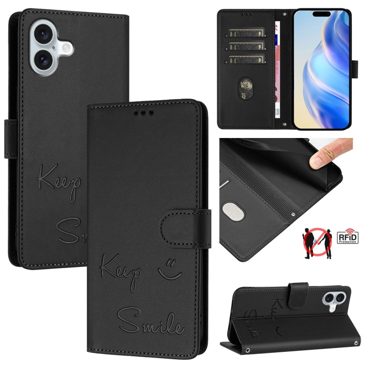 Smile Embossing RFID Leather Phone Case, For iPhone 17 Pro Max, For iPhone 17 Pro, For iPhone 17, For iPhone Air, For iPhone SE 2024, For iPhone 16 Pro Max, For iPhone 16 Pro, For iPhone 16 Plus