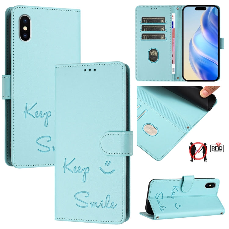 Smile Embossing RFID Leather Phone Case, For iPhone 11 Pro Max, For iPhone 11, For iPhone 11 Pro, For iPod Touch 7 / 6 / 5, For iPhone X / XS, For iPhone XR, For iPhone XS Max, For iPhone 8 Plus / 7 Plus