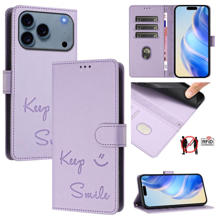 Smile Embossing RFID Leather Phone Case, For iPhone 17 Pro Max, For iPhone 17 Pro, For iPhone 17, For iPhone Air, For iPhone SE 2024, For iPhone 16 Pro Max, For iPhone 16 Pro, For iPhone 16 Plus