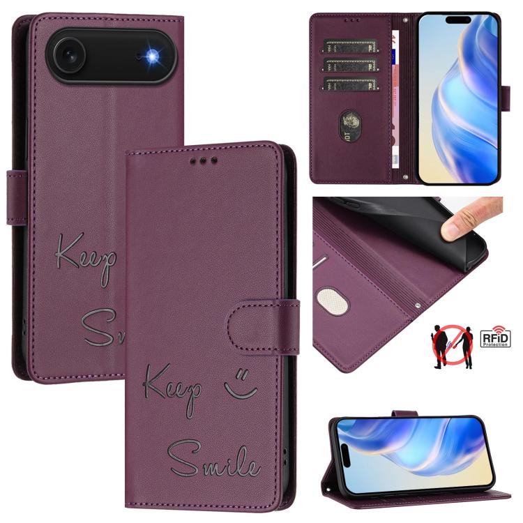 Smile Embossing RFID Leather Phone Case, For iPhone 17 Pro Max, For iPhone 17 Pro, For iPhone 17, For iPhone Air, For iPhone SE 2024, For iPhone 16 Pro Max, For iPhone 16 Pro, For iPhone 16 Plus