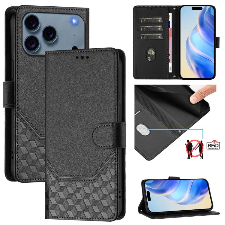 Honeycomb Embossing RFID Leather Phone Case, For iPhone 17e / 16e, For iPhone 17 Pro Max, For iPhone 17 Pro, For iPhone 17, For iPhone Air, For iPhone 16 Pro Max, For iPhone 16 Pro, For iPhone 16 Plus