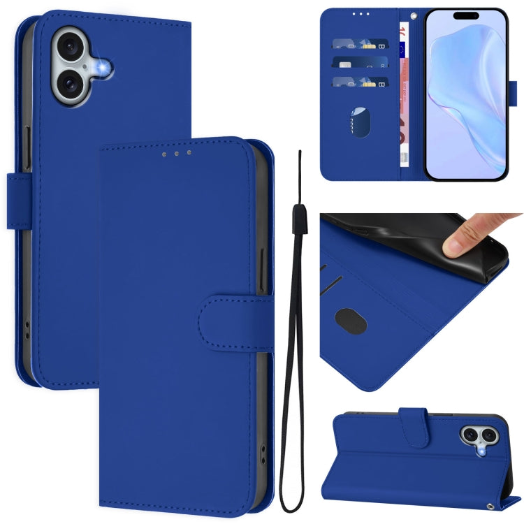 Skin Feel Solid Color Leather Phone Case with Lanyard, For iPhone 16 Pro, For iPhone 16 Plus