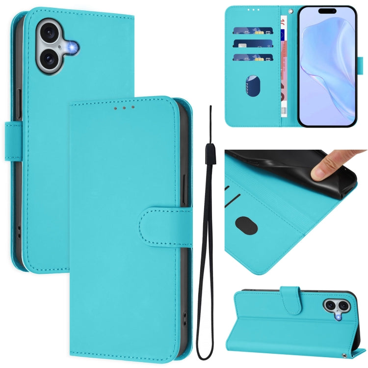 Skin Feel Solid Color Leather Phone Case with Lanyard, For iPhone 16 Pro, For iPhone 16 Plus