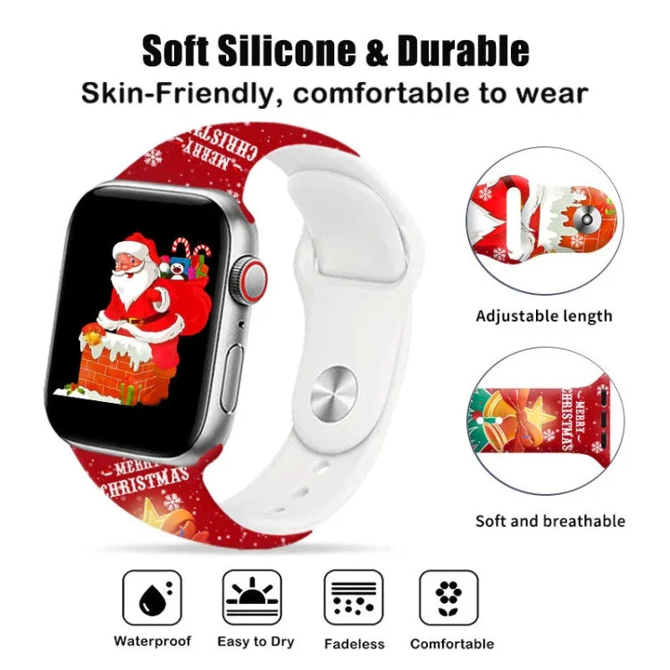 Christmas Pattern Reverse Buckle Silicone Watch Band, For Apple Watch 46mm / 49mm / 45mm / 44mm, For Apple Watch 42mm / 41mm / 40mm / 38mm