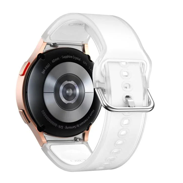 Transparent silicone watch band for Samsung Galaxy Watch shown on back of watch face.