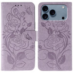 Rose Butterfly Embossed Leather Phone Case, For iPhone 17e / 16e, For iPhone 17 Pro Max, For iPhone 17 Pro, For iPhone 17, For iPhone Air