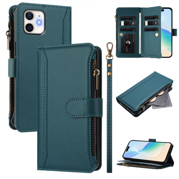 Magnetic Closure 9 Card Slots Zipper Leather Case with Hand Strap, For iPhone 14 Pro Max, For iPhone SE 2022 / 2020 / 8 / 7, For iPhone 13 Pro Max, For iPhone 13 Pro, For iPhone 13 mini, For iPhone 12 / 12 Pro, For iPhone 12 Pro Max, For iPhone 12 mini
