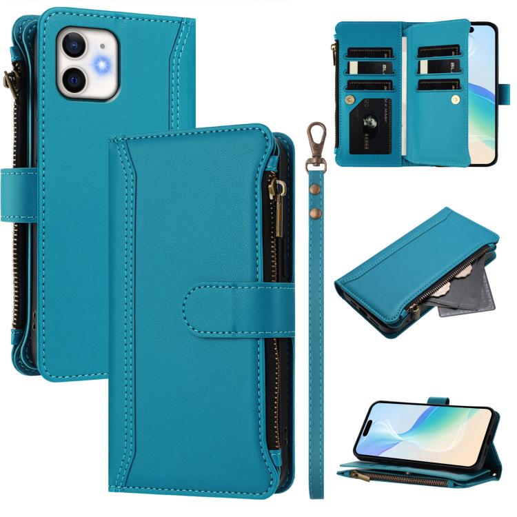 Magnetic Closure 9 Card Slots Zipper Leather Case with Hand Strap, For iPhone 14 Pro Max, For iPhone SE 2022 / 2020 / 8 / 7, For iPhone 13 Pro Max, For iPhone 13 Pro, For iPhone 13 mini, For iPhone 12 / 12 Pro, For iPhone 12 Pro Max, For iPhone 12 mini