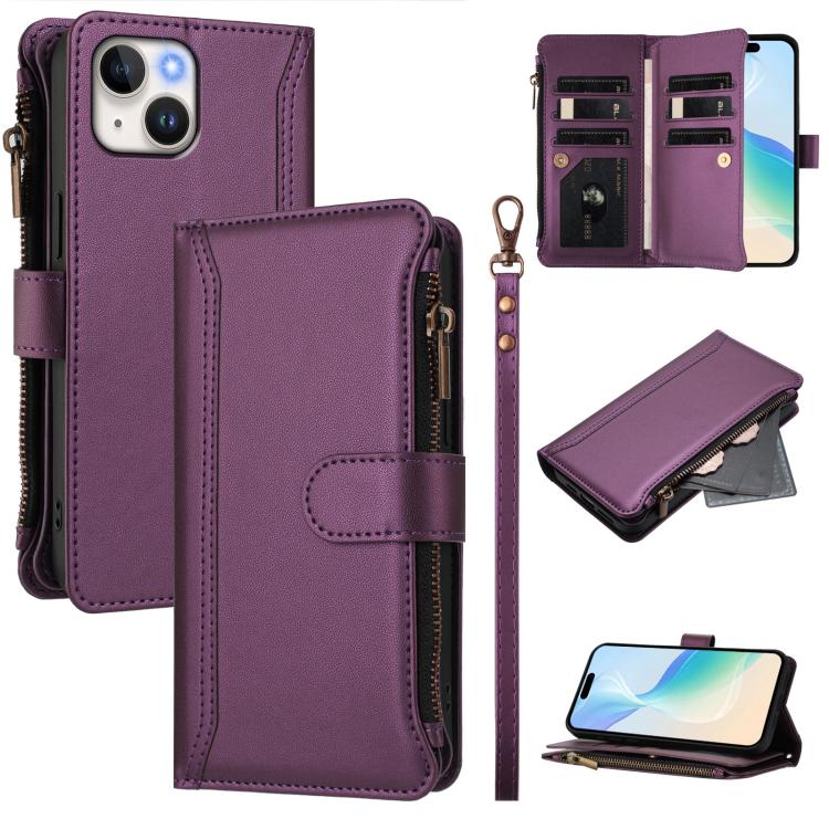 Magnetic Closure 9 Card Slots Zipper Leather Case with Hand Strap, For iPhone 14 Pro Max, For iPhone SE 2022 / 2020 / 8 / 7, For iPhone 13 Pro Max, For iPhone 13 Pro, For iPhone 13 mini, For iPhone 12 / 12 Pro, For iPhone 12 Pro Max, For iPhone 12 mini