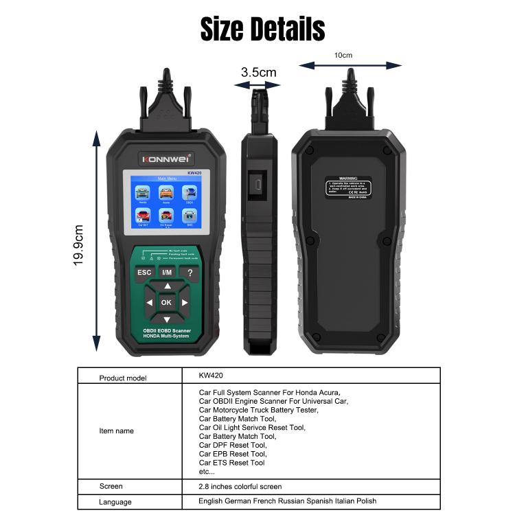KONNWEI KW420 2.8 inch Color Screen Car OBD2 Fault Diagnostic Scan Tool for Honda, KW420