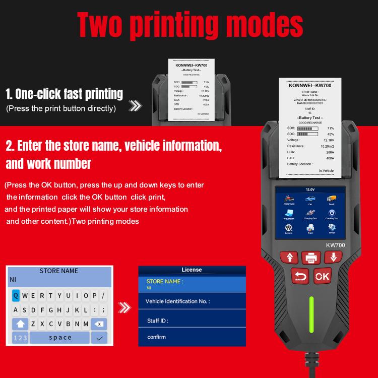 KONNWEI KW700 12V / 24V 2.8 inch Color Screen Car Battery Tester with Printer, KW700