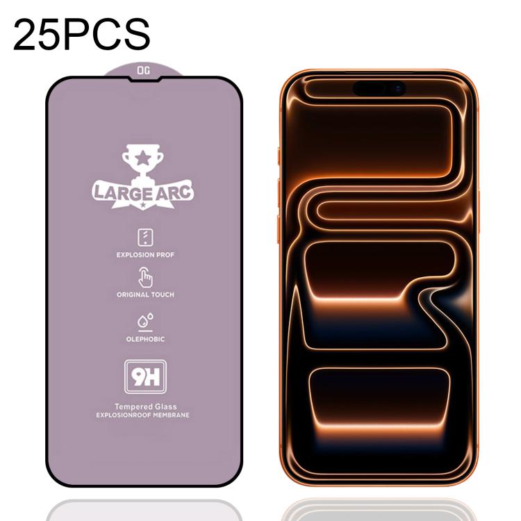 25pcs 9H 0.4mm High Aluminum Large Arc Tempered Glass Film, For iPhone 17 Pro Max, For iPhone 17 Pro, For iPhone 17, For iPhone Air, For iPhone 16 Pro Max, For iPhone 16 Pro, For iPhone 16 Plus / 15 Plus, For iPhone 16 / 15, For iPhone 15 Pro Max