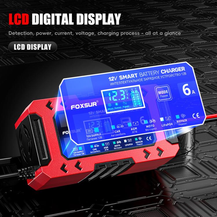 FOXSUR FBC1206F 12V 6A Car Motorcycle Battery Charger Smart Repair Multi-function Charger, EU Plug, US Plug, UK Plug, AU Plug