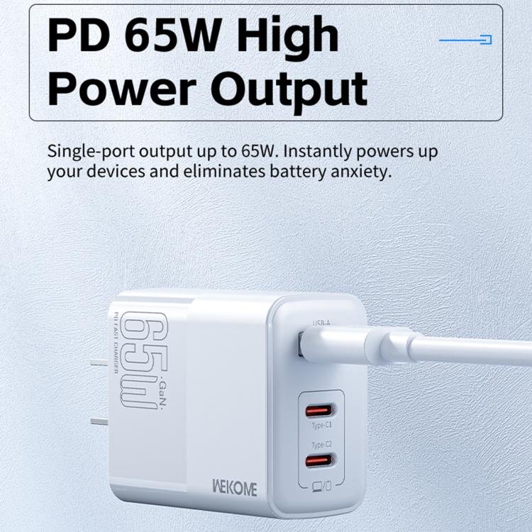 WK WP-U66 Kinkong 65W Dual USB-C / Type-C + USB GaN Fast Charger, UK Plug, US Plug, EU Plug