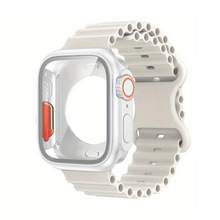 Butterfly Buckle Ocean Silicone Watch Band with Film Integrated PC Case, For Apple Watch Series 44mm, For Apple Watch Series 40mm, For Apple Watch Series 10 / 11 46mm, For Apple Watch Series 10 / 11 42mm, For Apple Watch Series 45mm                    ...