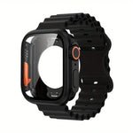 Butterfly Buckle Ocean Silicone Watch Band with Film Integrated PC Case, For Apple Watch Series 44mm, For Apple Watch Series 40mm, For Apple Watch Series 10 / 11 46mm, For Apple Watch Series 10 / 11 42mm, For Apple Watch Series 45mm                    ...