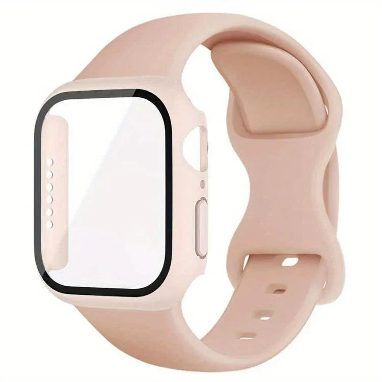 Butterfly Buckle Silicone Watch Band with Film Integrated PC Cover, For Apple Watch Series 44mm, For Apple Watch Series 40mm, For Apple Watch Series 10 / 11 46mm, For Apple Watch Series 10 / 11 42mm, For Apple Watch Series 45mm                         ...