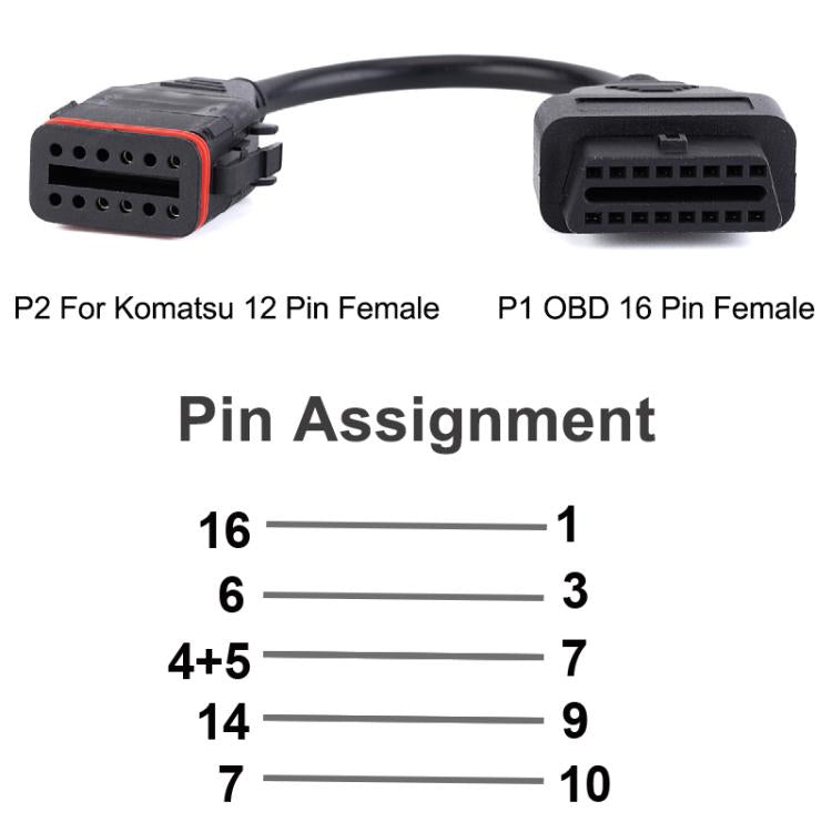 OBD Truck Diagnostic Cable for Komatsu / Cummins, 12 Pin to 16 Pin