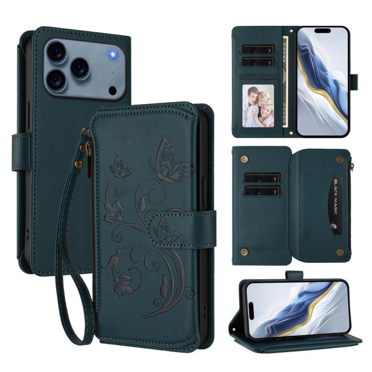 Butterfly Love Flower Multi-card Zipper Wallet Leather Phone Case, For iPhone 17e / 16e, For iPhone 17 Pro Max, For iPhone 17 Pro, For iPhone 17, For iPhone Air, For iPhone 16 Pro Max