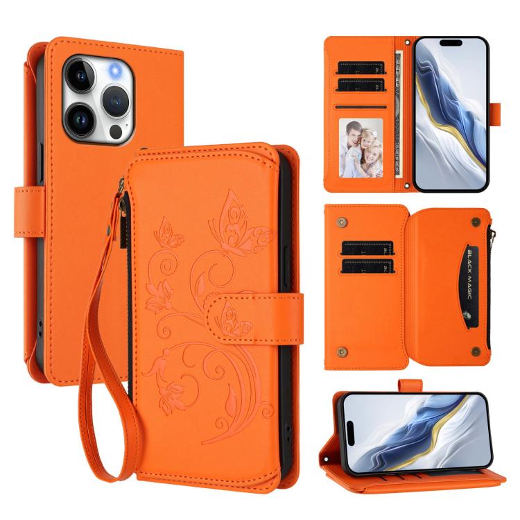 Butterfly Love Flower Multi-card Zipper Wallet Leather Phone Case, For iPhone 16 Pro, For iPhone 16 Plus, For iPhone 16, For iPhone 15 Pro Max, For iPhone 15 Pro, For iPhone 15 Plus