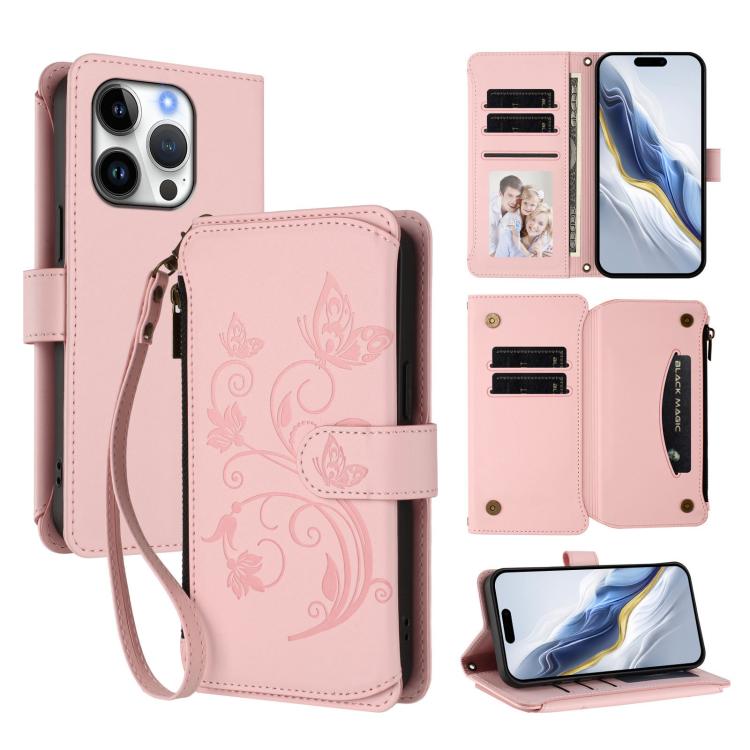Butterfly Love Flower Multi-card Zipper Wallet Leather Phone Case, For iPhone 16 Pro, For iPhone 16 Plus, For iPhone 16, For iPhone 15 Pro Max, For iPhone 15 Pro, For iPhone 15 Plus