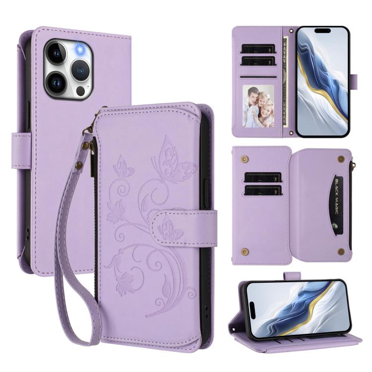 Butterfly Love Flower Multi-card Zipper Wallet Leather Phone Case, For iPhone 16 Pro, For iPhone 16 Plus, For iPhone 16, For iPhone 15 Pro Max, For iPhone 15 Pro, For iPhone 15 Plus
