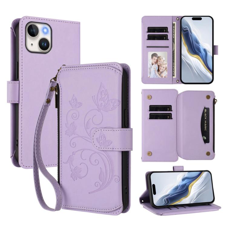 Butterfly Love Flower Multi-card Zipper Wallet Leather Phone Case, For iPhone 15, For iPhone 14 Plus, For iPhone 14 / 13, For iPhone 14 Pro, For iPhone 14 Pro Max, For iPhone 7 / 8 / SE 2022
