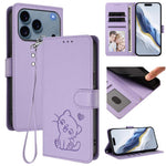 Embossed Heart Cat Leather Phone Case with Hand Strap, For iPhone 17e / 16e, For iPhone 17 Pro Max, For iPhone 17 Pro, For iPhone 17