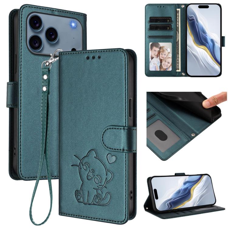Embossed Heart Cat Leather Phone Case with Hand Strap, For iPhone 17e / 16e, For iPhone 17 Pro Max, For iPhone 17 Pro, For iPhone 17