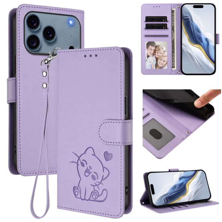 Embossed Heart Cat Leather Phone Case with Hand Strap, For iPhone 17e / 16e, For iPhone 17 Pro Max, For iPhone 17 Pro, For iPhone 17