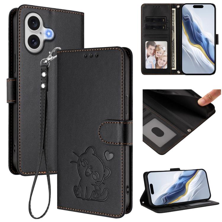 Embossed Heart Cat Leather Phone Case with Hand Strap, For iPhone 17e / 16e, For iPhone 17 Pro Max, For iPhone 17 Pro, For iPhone 17