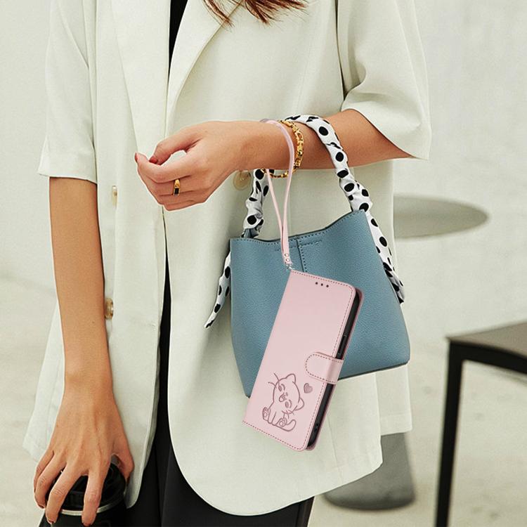 Embossed Heart Cat Leather Phone Case with Hand Strap, For iPhone Air, For iPhone 16 Pro Max, For iPhone 16 Pro, For iPhone 16 Plus