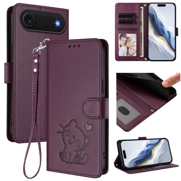 Embossed Heart Cat Leather Phone Case with Hand Strap, For iPhone Air, For iPhone 16 Pro Max, For iPhone 16 Pro, For iPhone 16 Plus