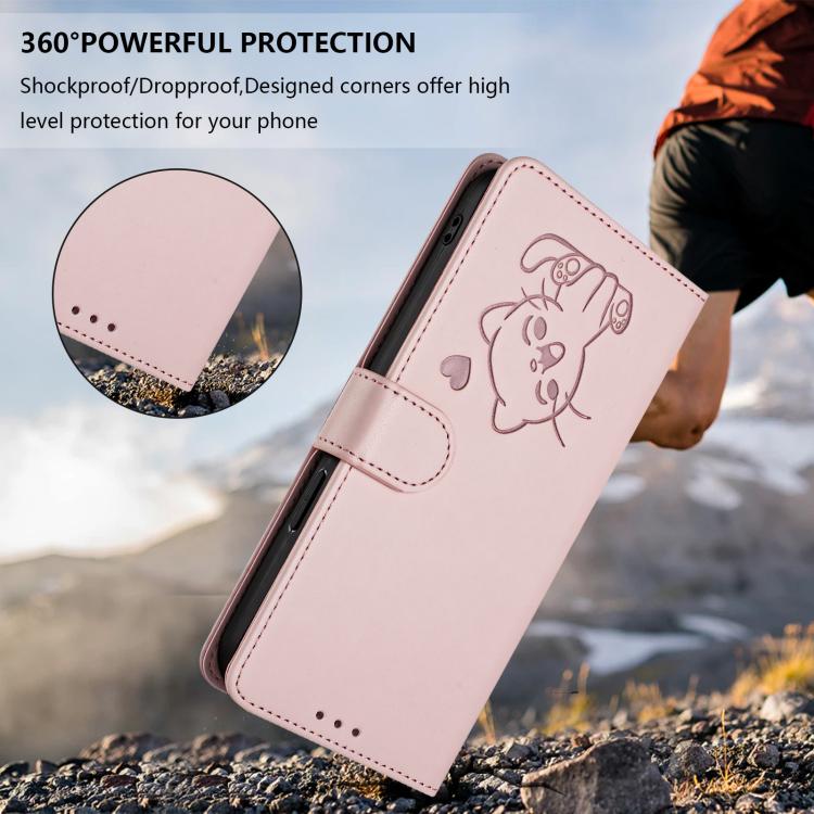Embossed Heart Cat Leather Phone Case with Hand Strap, For iPhone 17e / 16e, For iPhone 17 Pro Max, For iPhone 17 Pro, For iPhone 17