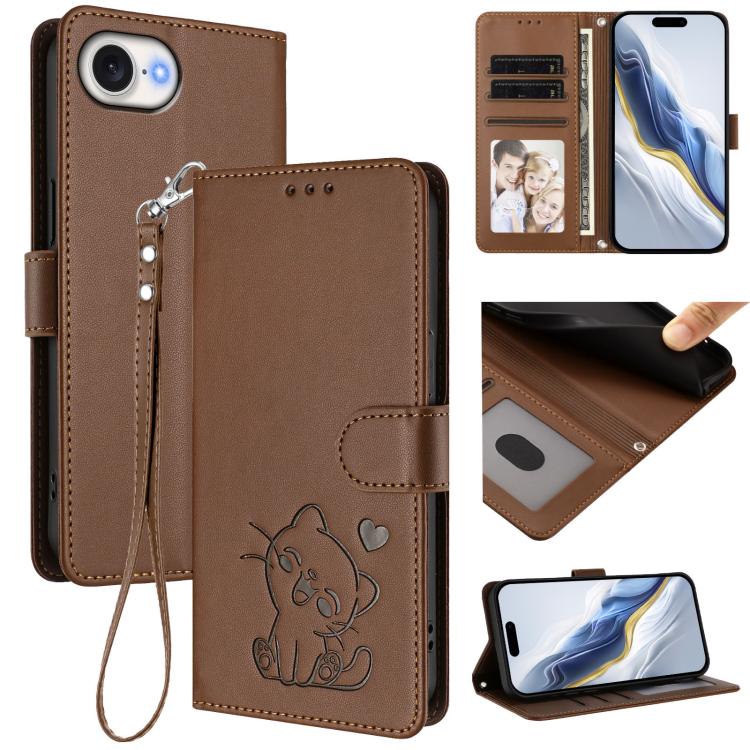 Embossed Heart Cat Leather Phone Case with Hand Strap, For iPhone 17e / 16e, For iPhone 17 Pro Max, For iPhone 17 Pro, For iPhone 17