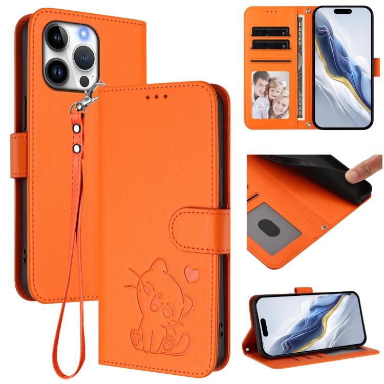 Embossed Heart Cat Leather Phone Case with Hand Strap, For iPhone Air, For iPhone 16 Pro Max, For iPhone 16 Pro, For iPhone 16 Plus