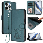 Embossed Heart Cat Leather Phone Case with Hand Strap, For iPhone Air, For iPhone 16 Pro Max, For iPhone 16 Pro, For iPhone 16 Plus