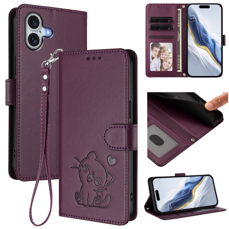 Embossed Heart Cat Leather Phone Case with Hand Strap, For iPhone Air, For iPhone 16 Pro Max, For iPhone 16 Pro, For iPhone 16 Plus