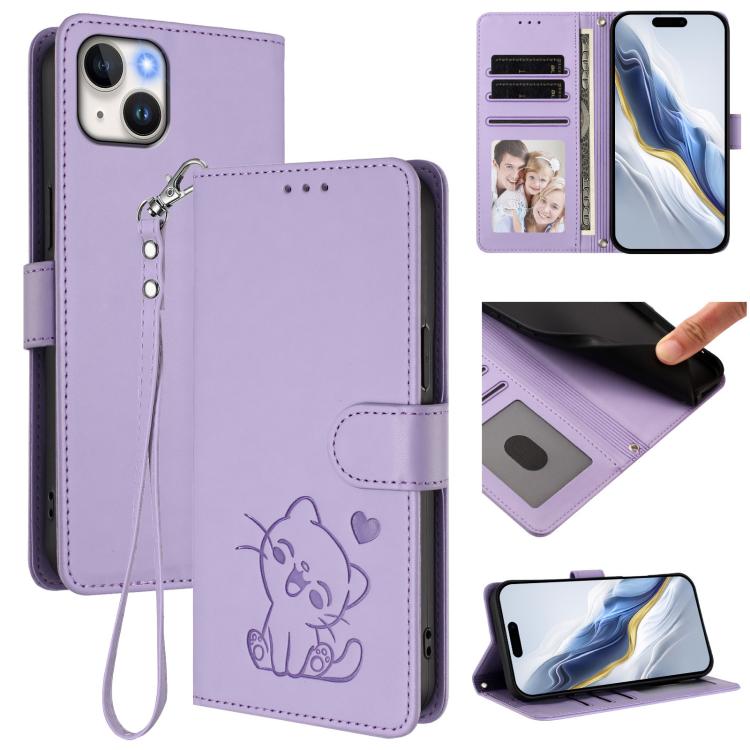 Embossed Heart Cat Leather Phone Case with Hand Strap, For iPhone 15, For iPhone 14 Plus, For iPhone 14 / 13, For iPhone 14 Pro