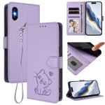 Embossed Heart Cat Leather Phone Case with Hand Strap, For iPhone 11 Pro Max, For iPhone 11, For iPhone 11 Pro, For iPhone X / XS